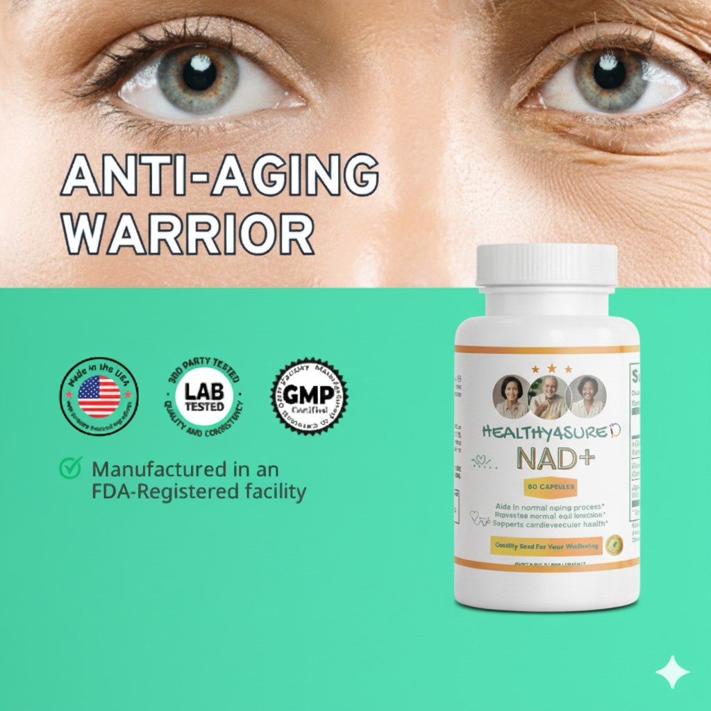 Bottle of Healthy Assured NAD+ supplement with a close-up of eyes and certification logos on a green background.