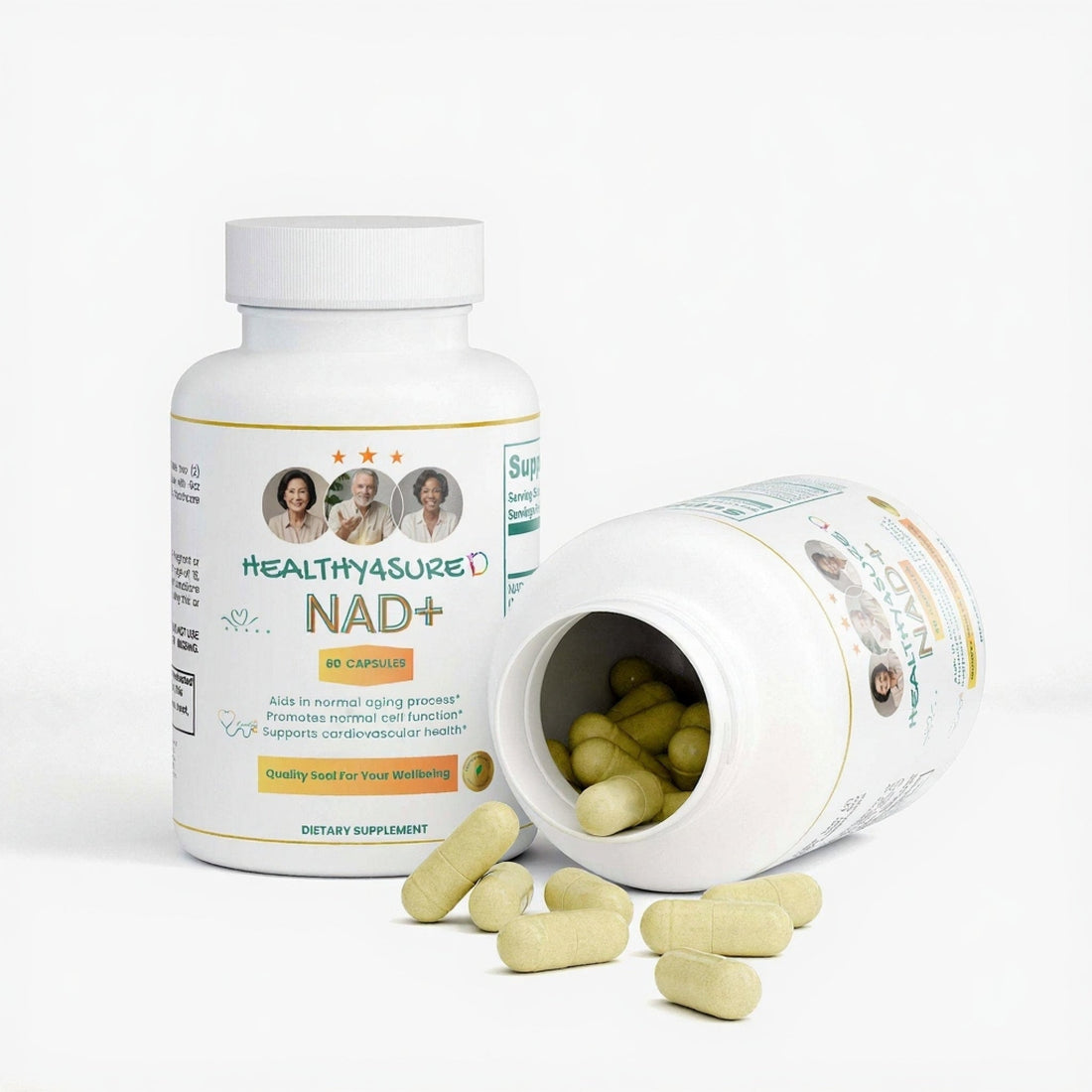 Supplement bottle labeled 'HealthySure NAD+' with open cap showing capsules on a white background