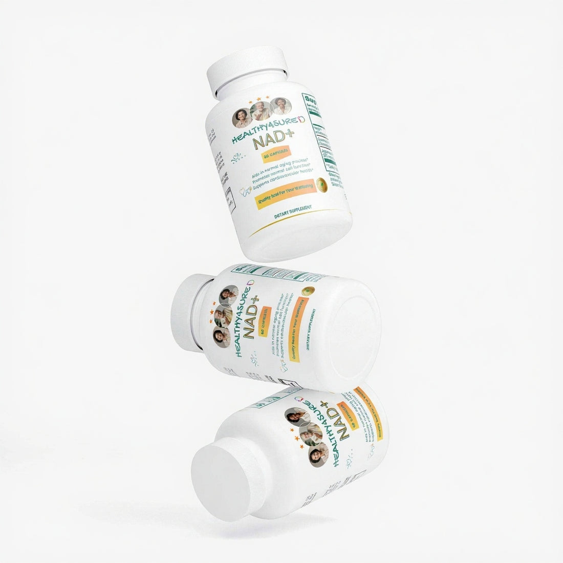 Three bottles of Healthy Market NAD+ supplement on a white background
