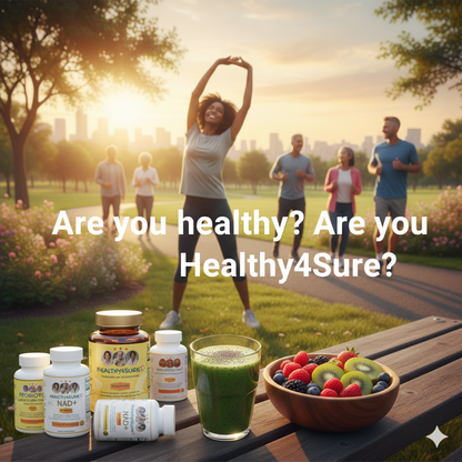 People exercising in a park with health products and a smoothie on a table in the foreground.