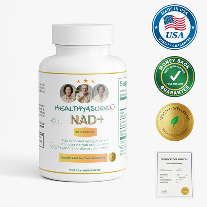 Supplement bottle labeled 'HEALTHYASURE NAD+' with certification logos on a white background