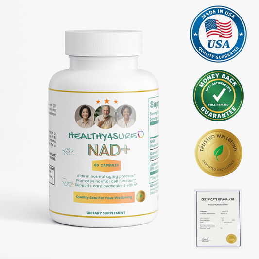 Supplement bottle labeled 'HEALTHYASURE NAD+' with certification logos on a white background